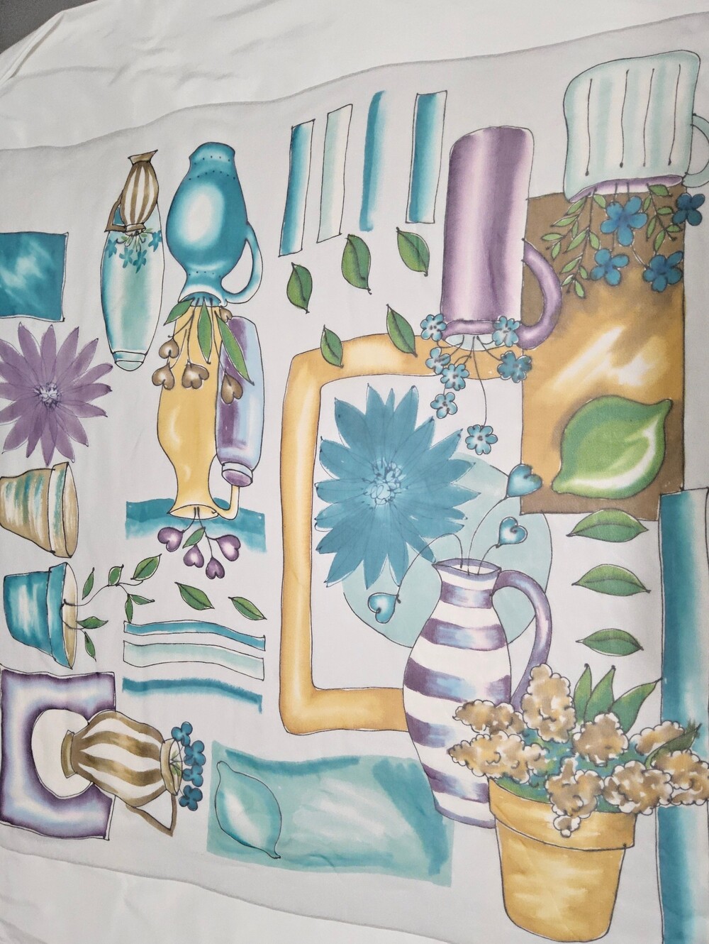 Vintage Echo Large Square Scarf 90s Hand Painted Novelty Garden Ceramic Print